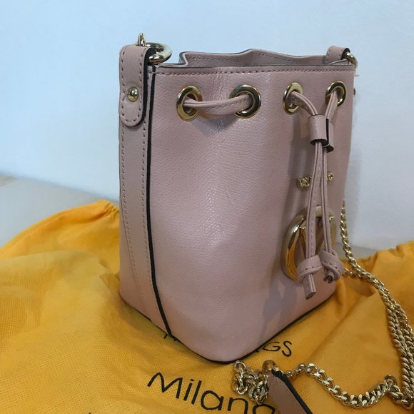 Valentino by Mario Valentino Bucket Bag Crossbody Purse Pink Leather Gold Chain - Picture 3 of 11